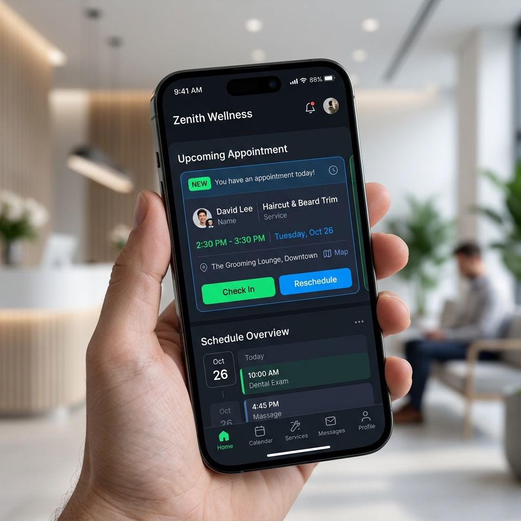 Ecrã de smartphone a exibir notificação de agendamento em tempo real no bolso